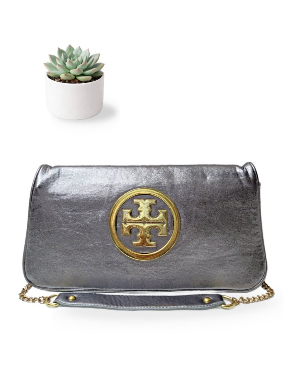 Tory Burch Reva Metallic Pewter Leather Convertible Clutch Shoulder Chain Bag